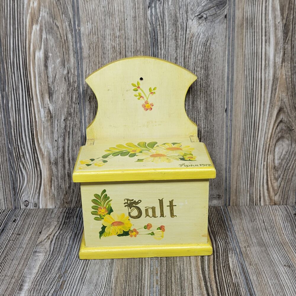 Vintage Wooden Salt Box Hand Painted Yellow Rosemaling Daisies Wall Hanging 1978
